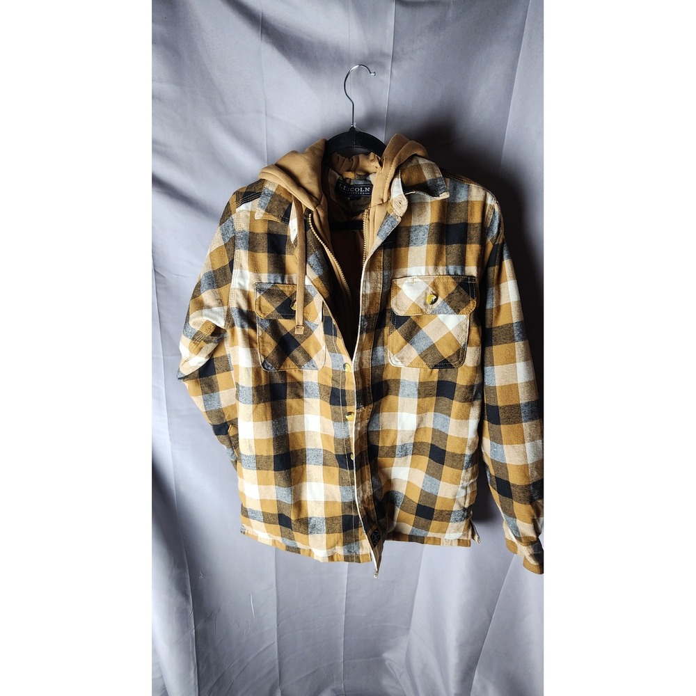 Lincoln Outfitters Mens Small Hooded Flannel Shirt Jacket Quilted Plaid Yellow